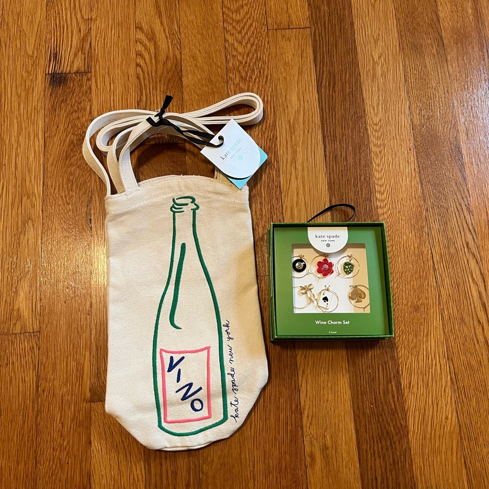 NWT Kate Spade X Target Wine Embroidered Canvas Tote Bag & Wine Charm Set